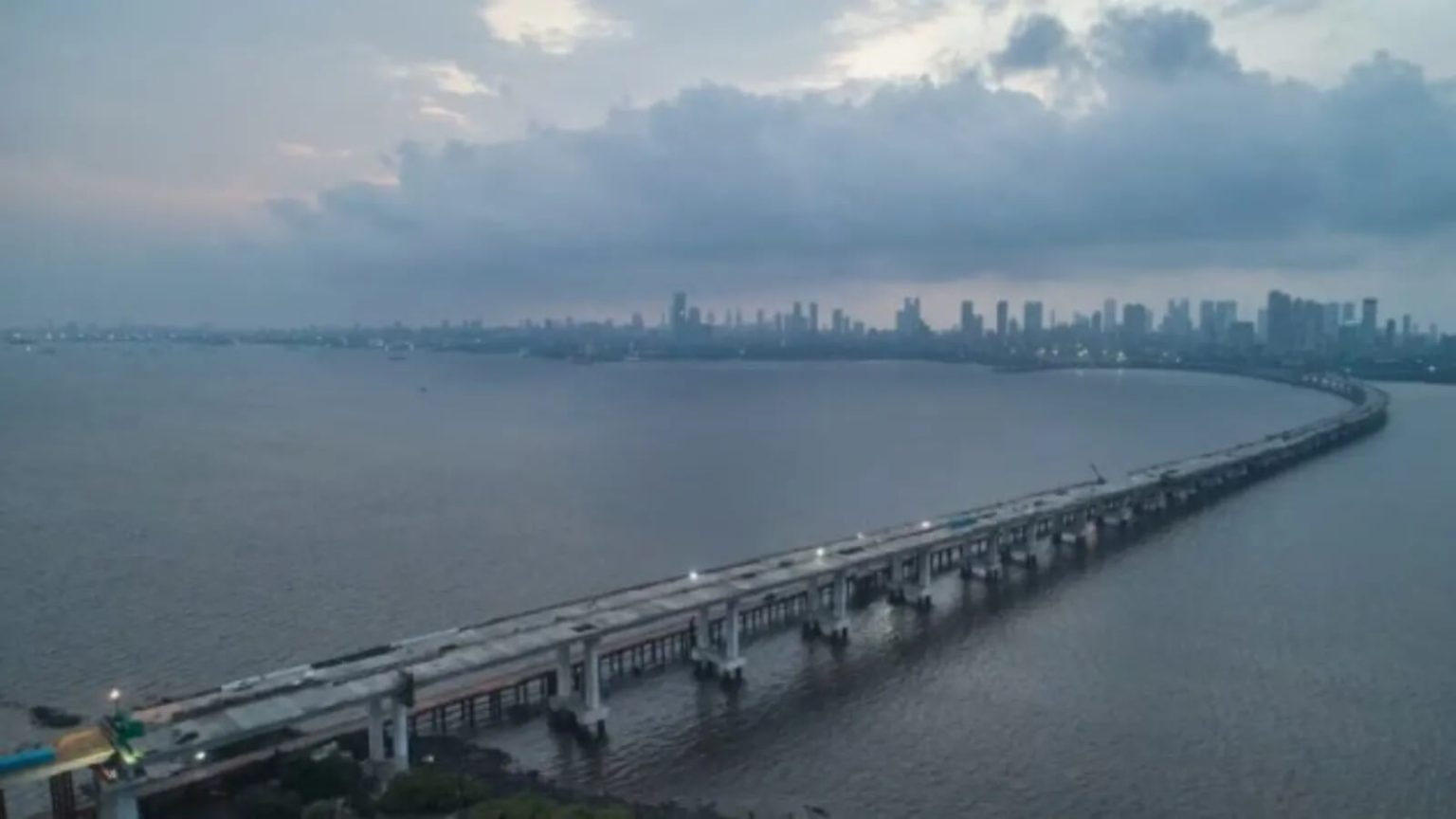 A bird's-eye view of the Mumbai Trans Harbour Link (MTHL), Atal Setu, as it spans the vast expanse of the Arabian Sea.