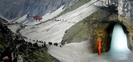 People standing in line to board helicopters for Amarnath Yatra.