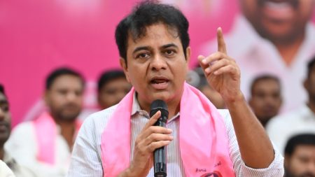 K.T. Rama Rao addressing the media, urging Revanth Reddy to fulfill the promise of 2 lakh jobs for unemployed youth in Telangana.