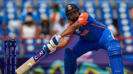 Rohit Sharma during his explosive innings in the T20 World Cup match against Australia.